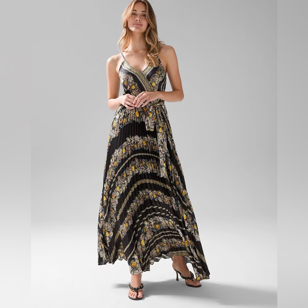 new WHITE HOUSE BLACK MARKET pleated satin printed maxi dress sz 6